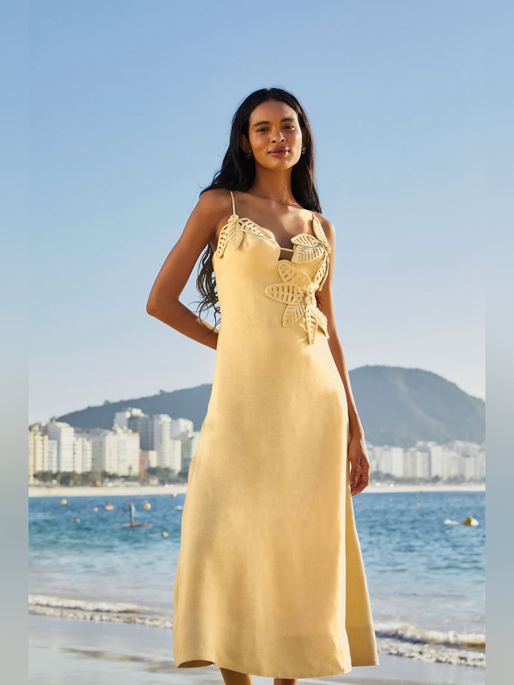 Farm Rio FR Sand 3D Flower Flowered Bust Linen Midi Dress Size L Large NWT - Picture 3 of 7